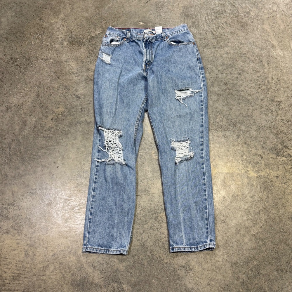 Levis Jeans Women 12 M Blue 550 Relaxed Tapered Distressed High Waisted Denim